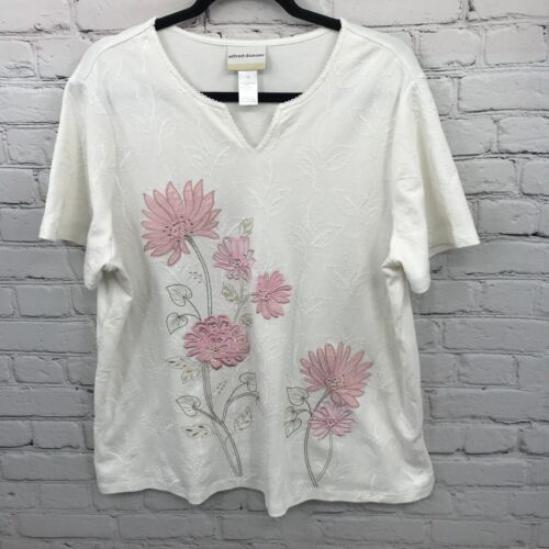Alfred Dunner Top Womens 1X White Floral Beaded Embroidered Short Sleeve Sheer