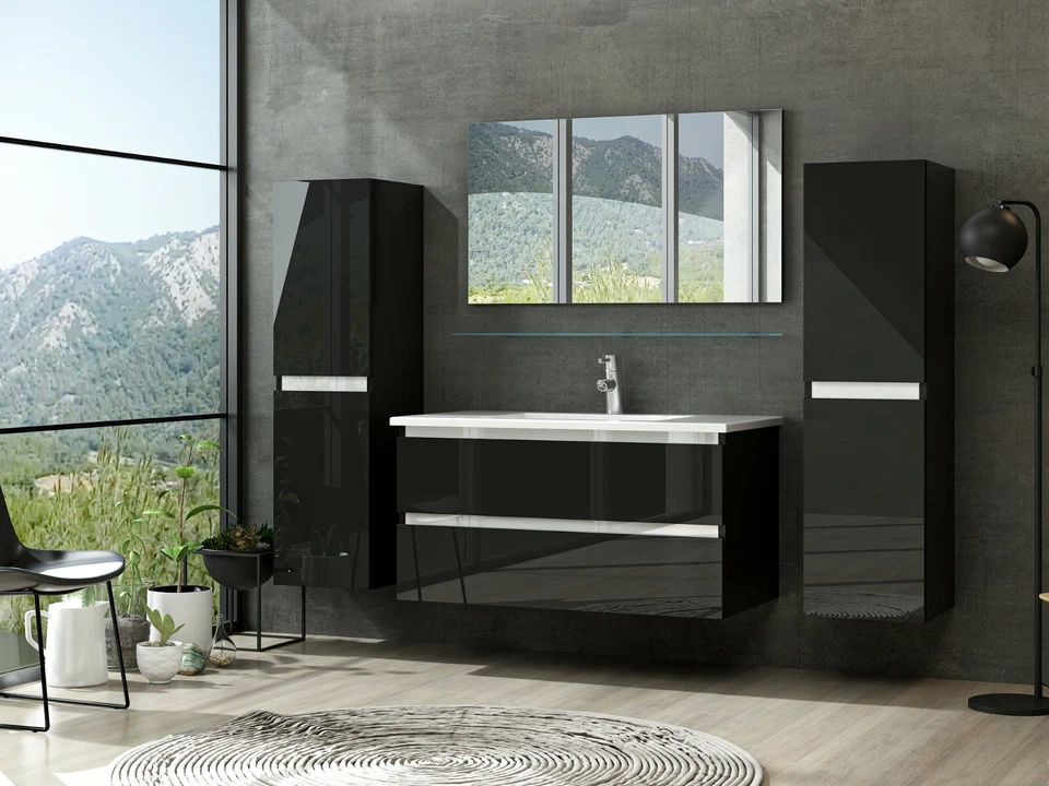 Badmöbel  Set Schwarz Hochglanz 6 Teilig Badezimmermöbel 60 cm  90 cm 120 Marcel - Bild 3 von 4