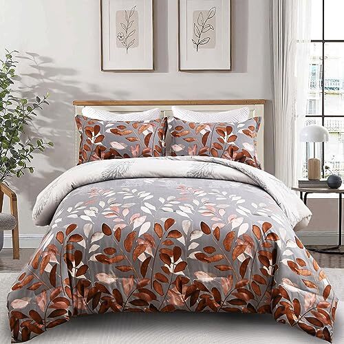Comforter Set Botanical Leaves Comforter for Bed 3 Pieces Queen Brown