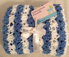 Hand Knitted Cobalt Blue and White Supersoft Chenille Baby/Toddler Blanket