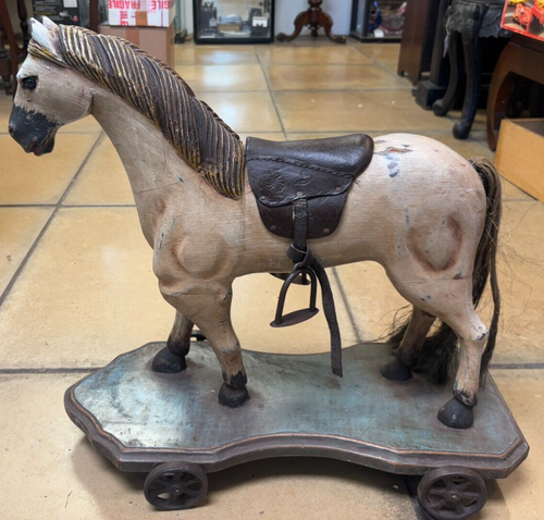Antique Victorian Large Wooden Child's Pull Along Horse Toy