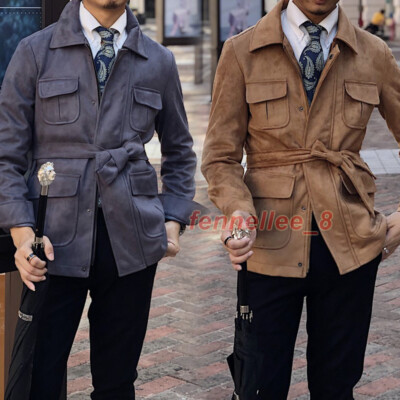 British Men Suede Safari Jacket Belted Slim Fit Pockets Hunting Coat Top  Outwear