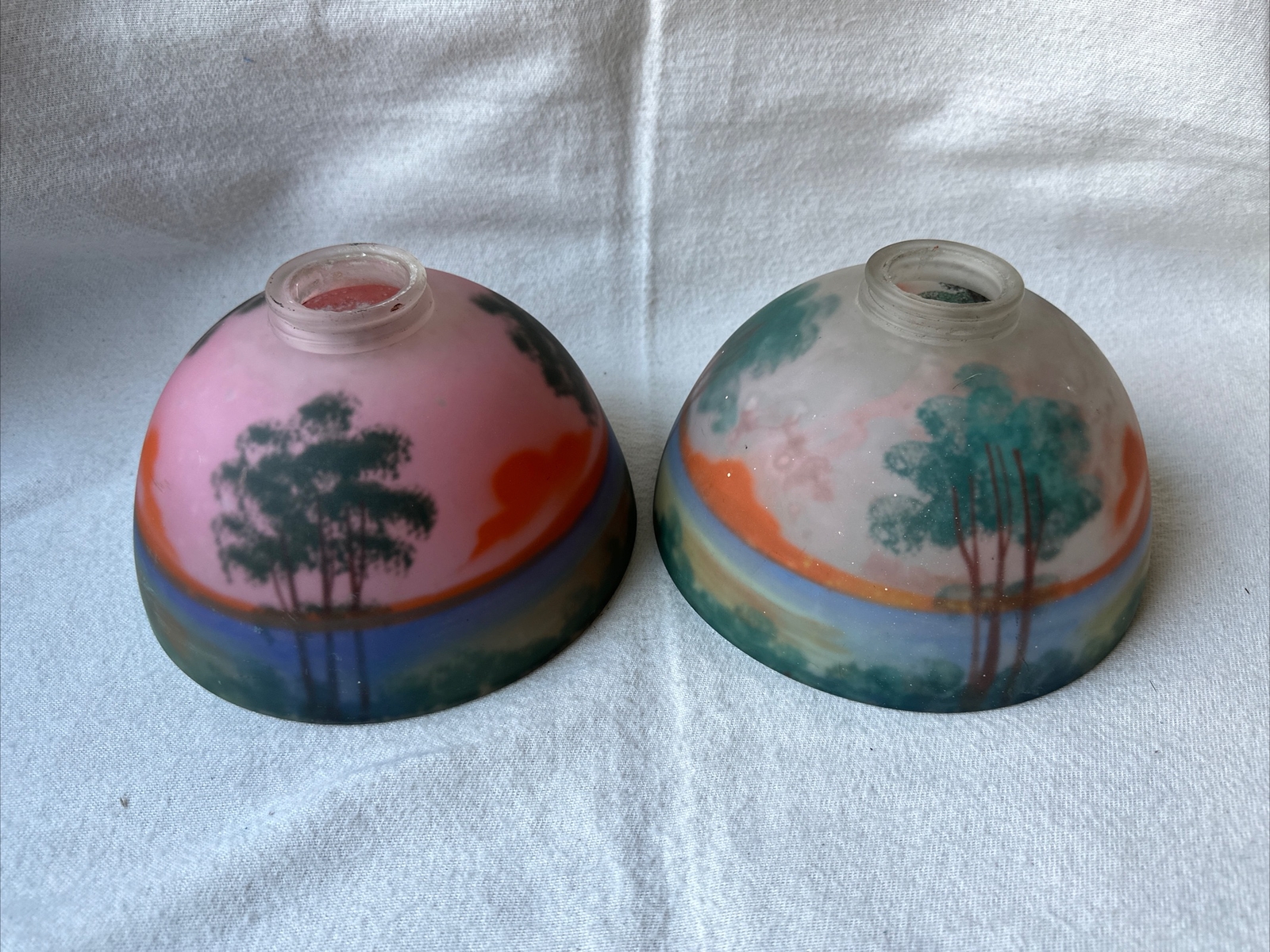 Pair Of Antique Reverse Painted Glass Lamp Shades eBay