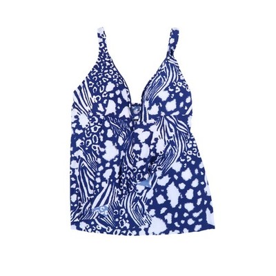 Beyond Control Women's Tankini Top Swimsuit Ruffle Animal Print Blue 6 New