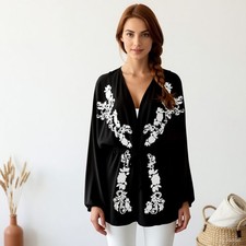 Boho Longline Tunic Black White Floral Viscose V-Neck Long Sleeve Tie US 4