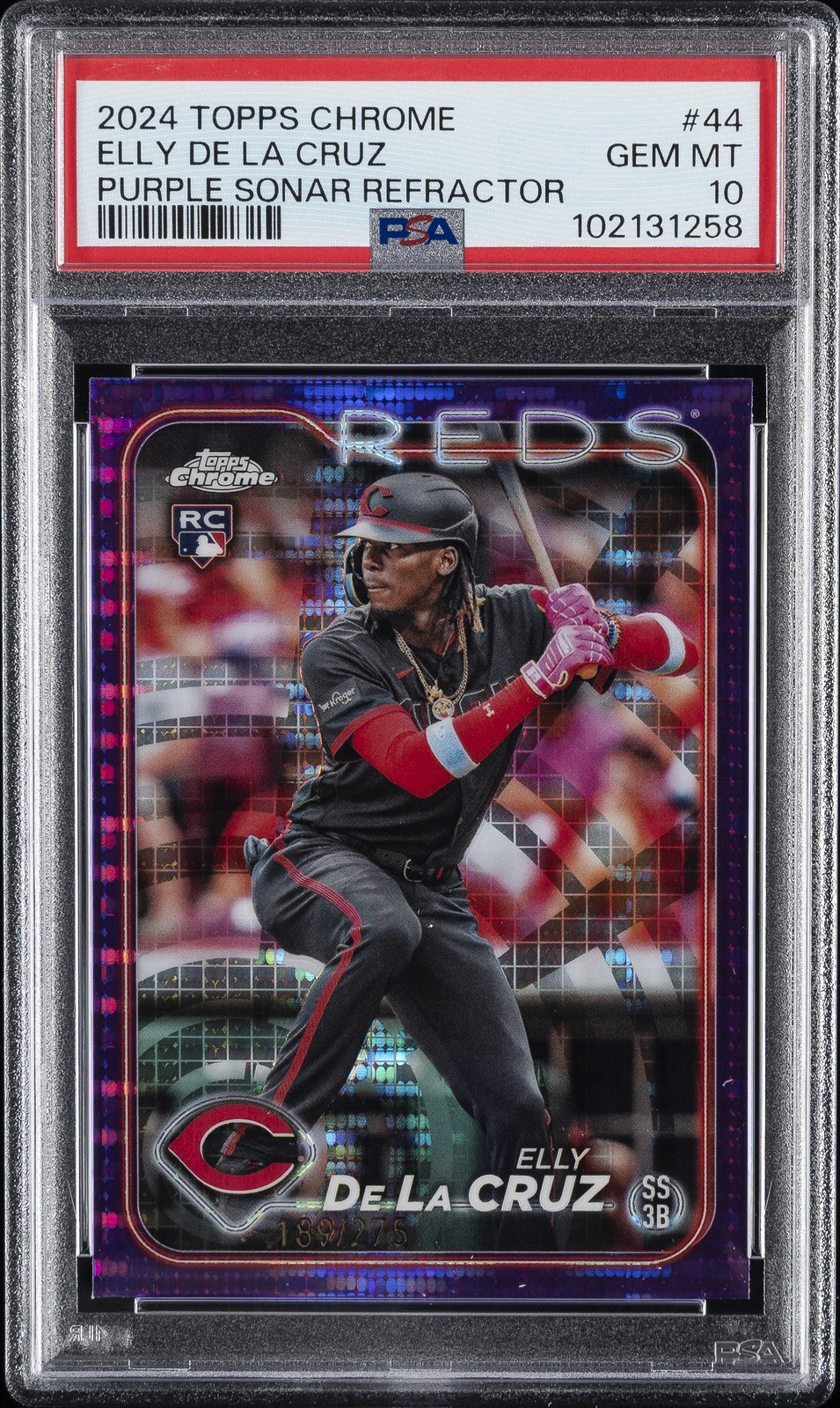 2024 TOPPS CHROME PURPLE SONAR REFRACTOR #44 ELLY DE LA CRUZ 189/275 PSA 10