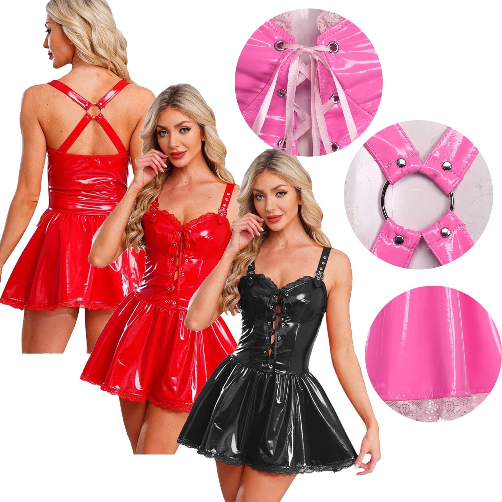 Womens Wet Look PU Leather Lace Trim Dress Gothic Lace-up Mini Dress Lingerie