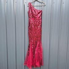 Dark Red Formal Gown Size Medium One Shoulder Sequins Flared Bottom Maxi Dress