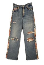 Upcycled Jeans Women 6 OOAK Reworked Patchwork Wide Leg Vintage Aloha Shirt Boro