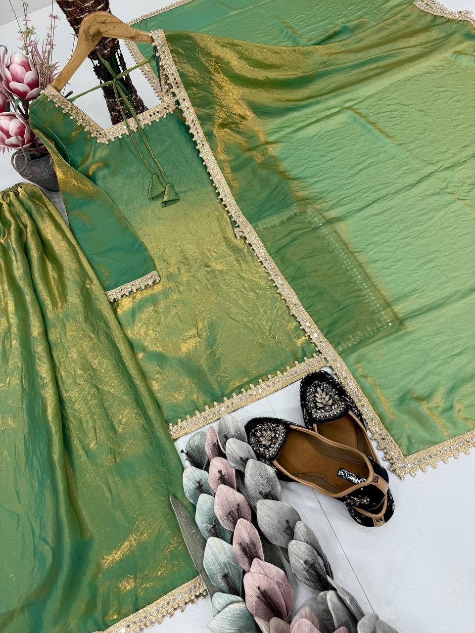 New Launching Heavy Fendy Silk Green Top Palazzo With Dupatta For Festival Wear thumbnail 8