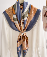 100 Mulberry Silk 35" Square Scarf Women Neckerchief Wrap Grey Equestrian Print