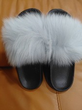 Women s Blue Faux Fur Fur Trim Slide Sandals Slip On Flat Casual Size 7