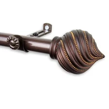 120 In. - 170 In. Telescoping Single Curtain Rod Kit in Cocoa with Bisque Finial