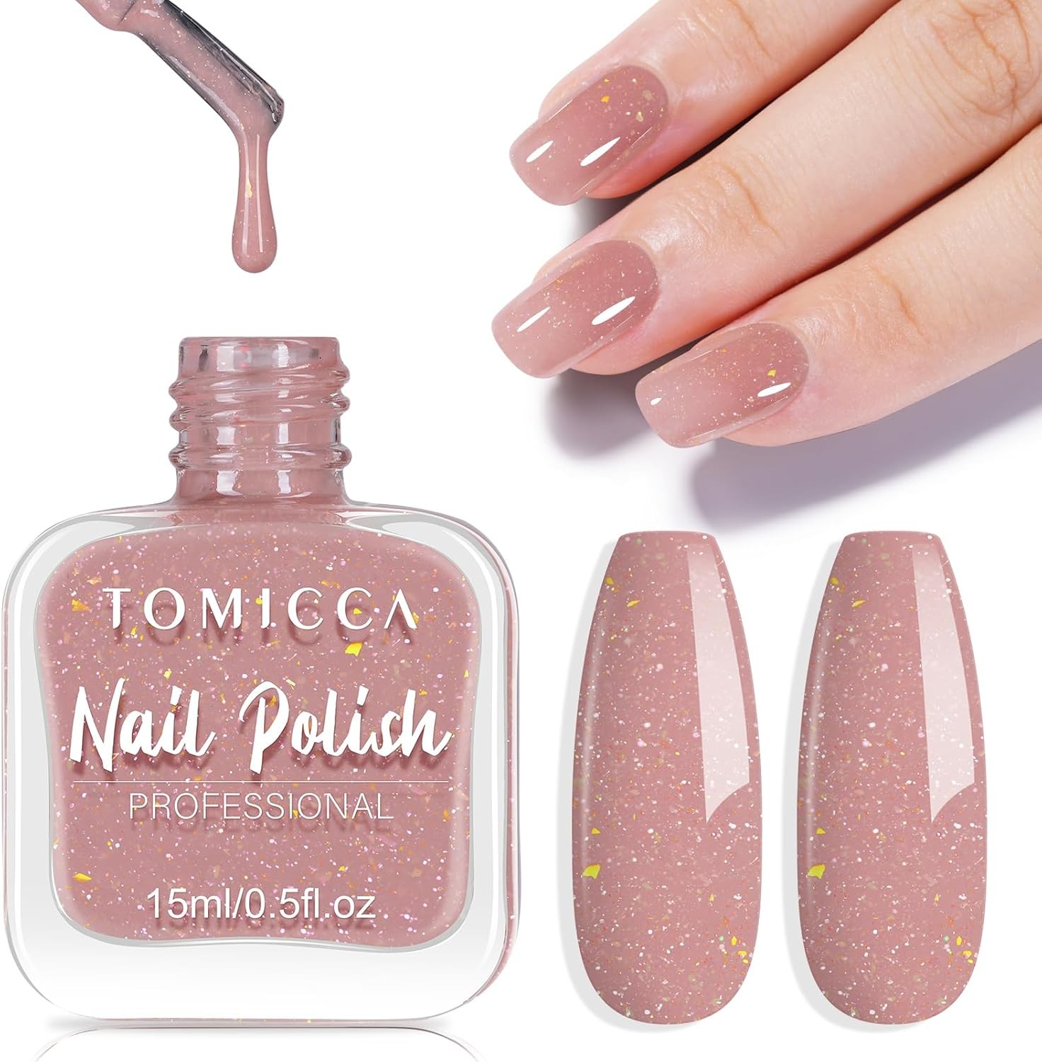 TOMICCA Glitter Nail Polish, 15ML Nude Pink Shimmer Nail Polish, Breathable Veg