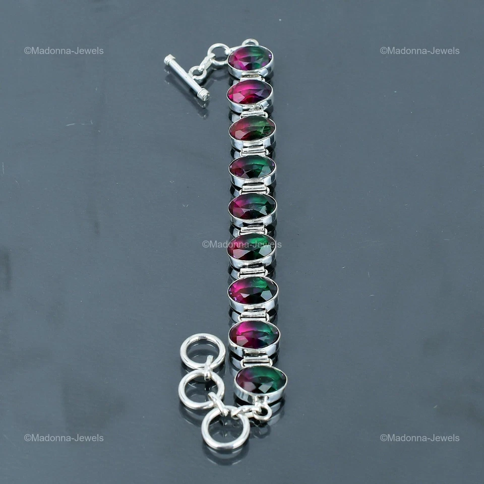 Уникальный браслет-цепочка из стерлингового серебра с несколькими турмалинами и драгоценными камнями Valentines Deal - Изображение 3 из 4