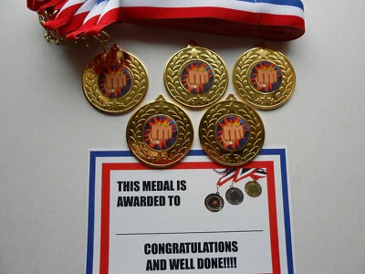 DWL 5er SET HOCHWERTIGE METALL MEDAILLEN / BÄNDER / ZERTIFIKATE = KARATE