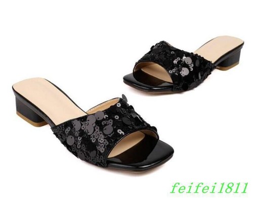 Moda Para mujeres Puntera Abierta Tacones Bajos Lentejuelas Zapatilla Fiesta Informal Vestido Club Mules - Imagen 8 de 10