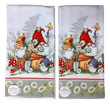 Set of 2 GARDEN GNOME Daisy Border Terry Kitchen Towels by Kay Dee Designs