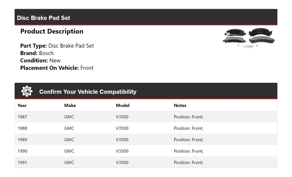 For 1987-1991 GMC V3500 Bosch QuietCast Semi-Metallic Brake Pads Front 1988 1989 - Image 2 of 4