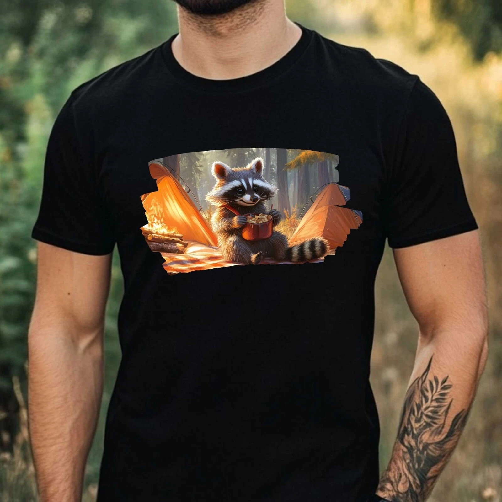 Mens Camping Raccoon Print Cotton T-Shirt Size XS to 5XL