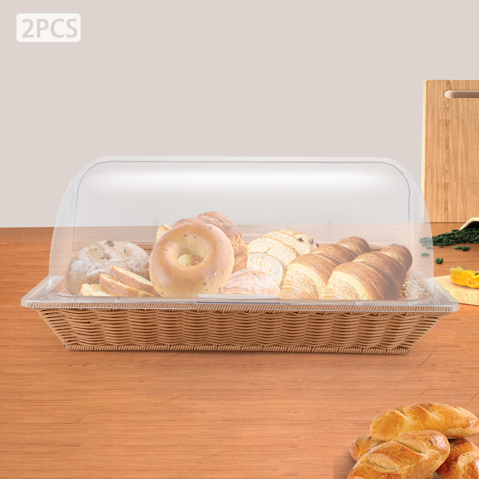 2pcs Rattan Bread Basket with Lid Hand-Woven Wicker Tray 21Inch Picnic Food Box