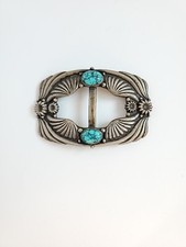 Beautiful Concho Solid Sterling Silver Turquoise Heavy Belt Buckle, No Stamp