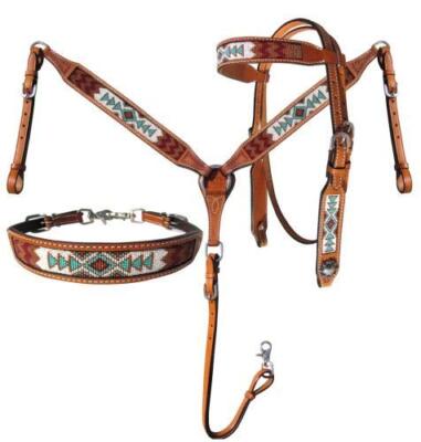 Showman Argentina Cow Leather Headstall & Breast Collar Set w/ Navajo Beaded