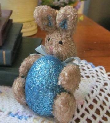 Sparkly Eggs Easter Bunny Set of 3 with Ribbons Cuteness 4 inch