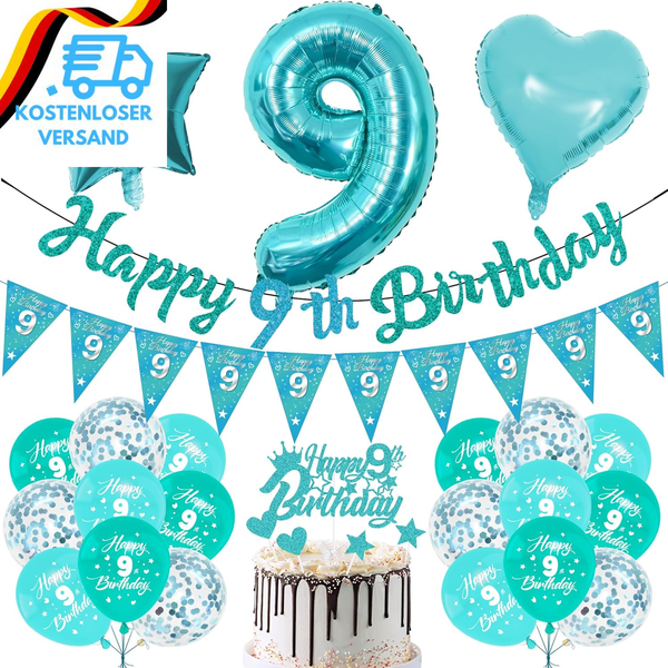 Geburtstag 9 Jahre Junge Luftballon - 28 StüCk Teal Happy Birthday Banner Folien-image