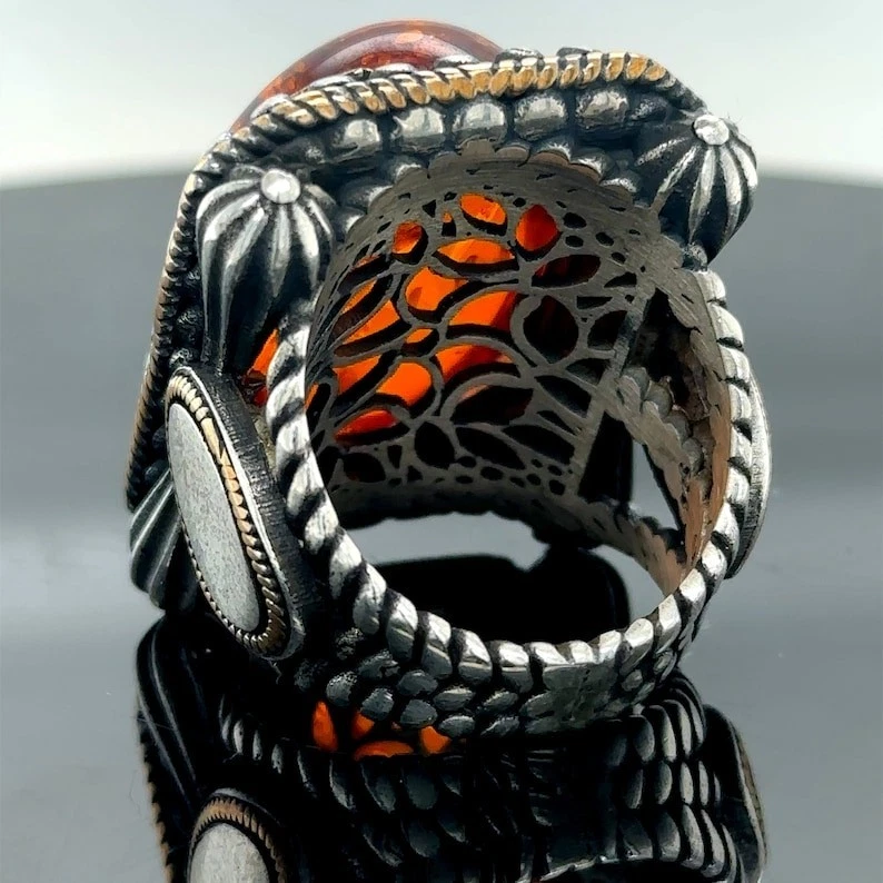 Anillo ámbar grande de plata para hombre estilo otomano naranja ovalado 925 anillo de ley regalo Foto 4 de 4