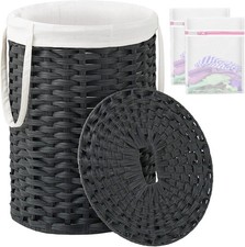 Stylish Black Round PE Rattan Laundry Hamper with Lid for Organized Spaces