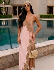 ZARA NEW WOMAN STRAPPY LONG ZW SATIN LACE DRESS SLIT DUSTY PINK 2678/047 sz M
