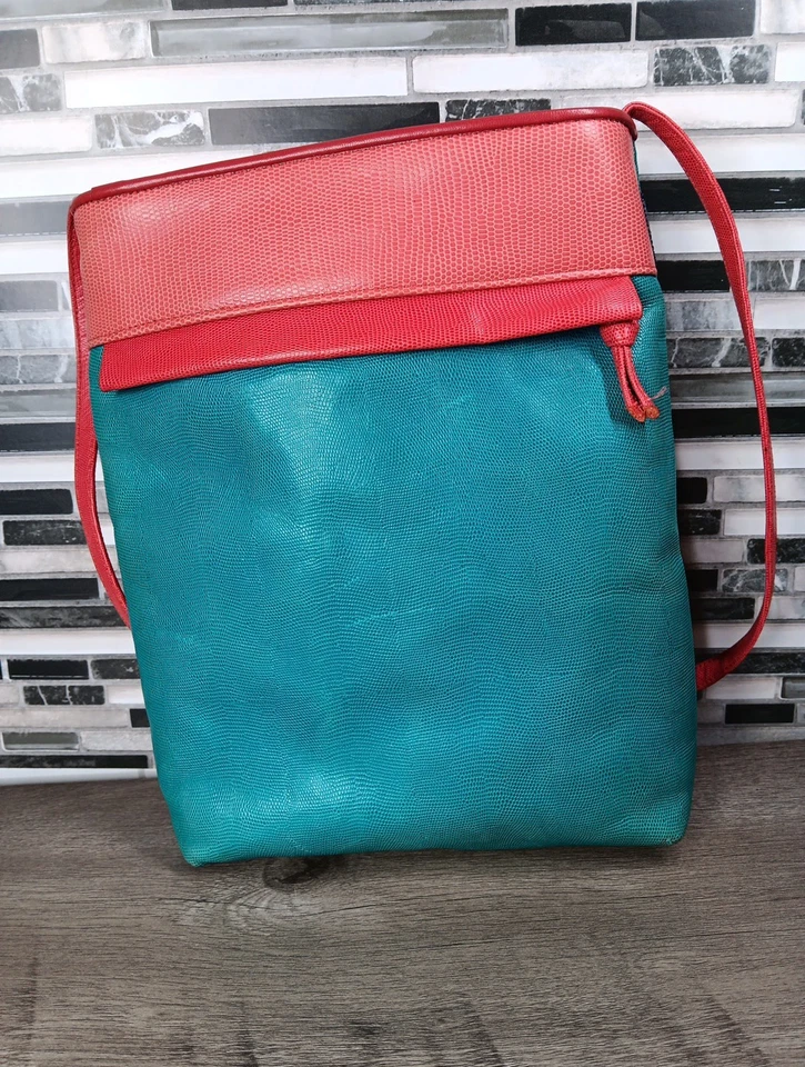Vintage 80s 90s Sharif Shoulder Handbag Crossbody Patchwork Reptile Lizard  Red - Image 4 of 4