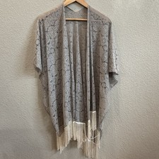 Sheer Lace Shawl Wrap Cover Up Taupe Ivory Fringe Crochet Look Boho Romantic