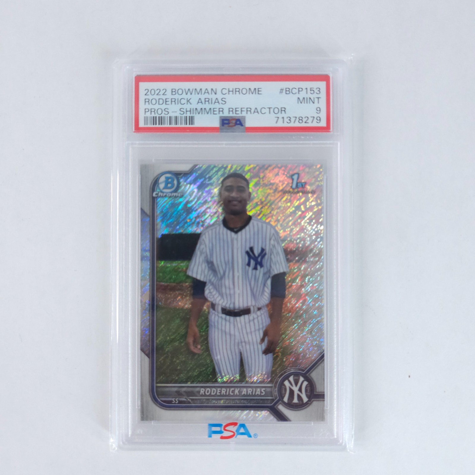 2022 Bowman Chrome Roderick Arias PROS Shimmer Refractor PSA MINT 9 BCP-153 NY