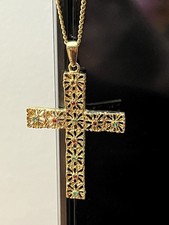 Gold-tone Cross Pendant Necklace with Green and Red Stones