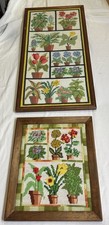 Vintage Framed Floral Needlepoint Wall Art Set - Botanical Potted Plants 2 Pcs