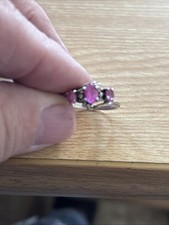 Vintage Sterling Silver Ring With 3 Pink Sapphire Stones And Diamonds