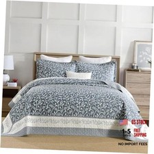 Oversized King Bedspread Cal King 128"W x 120"L Slate Blue/Off White