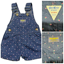 Vintage OshKosh B'Gosh Vestbak Denim Floral Shortalls 6-9 Months Snap Crotch USA