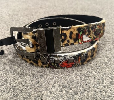 Ed Hardy Belt Size 42 Tiger Leopard Print Studded Faux Fur  Y2K