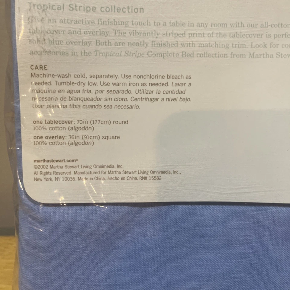 Vtg Martha Stewart Tropical Blue Stripe 70" Round Table Cover & Overlay - Image 4 of 4