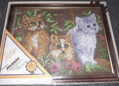 Balina Stick Hobby Stickbild Gobelin Katzen komplett 30x40cm mit Holzrahmen  