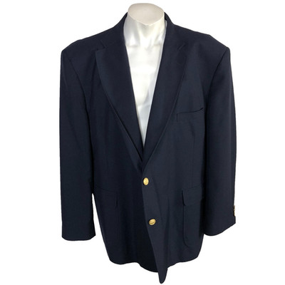 David Taylor 52R Gold Button Polyester Wool Button Blazer Sport Coat Jacket Blue