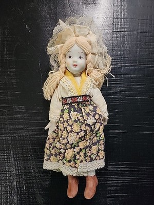 VTG Czech-Slovak Porcelain Girl Doll Blonde Braids Bonnet Czechoslovakian Floral