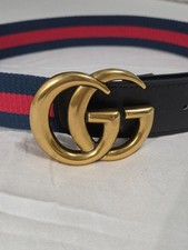 Gucci GG Brass Buckle Striped Navy Red Dress Belt Men's 36-38 IT 105CM