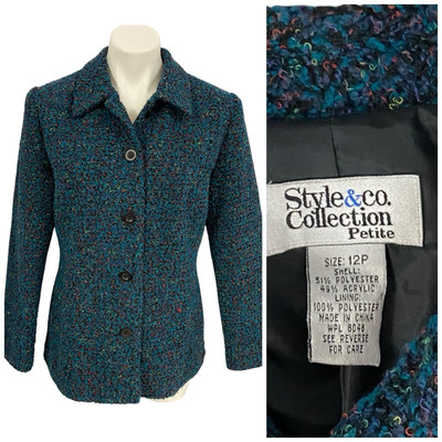 Style & Co Blazer Womens 12P Boucle Jacket Blue Career Professional Work Office