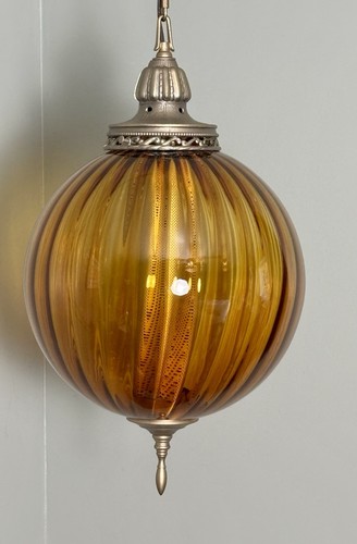 Vintage MCM Large Amber Optic Glass Hanging Swag Lamp