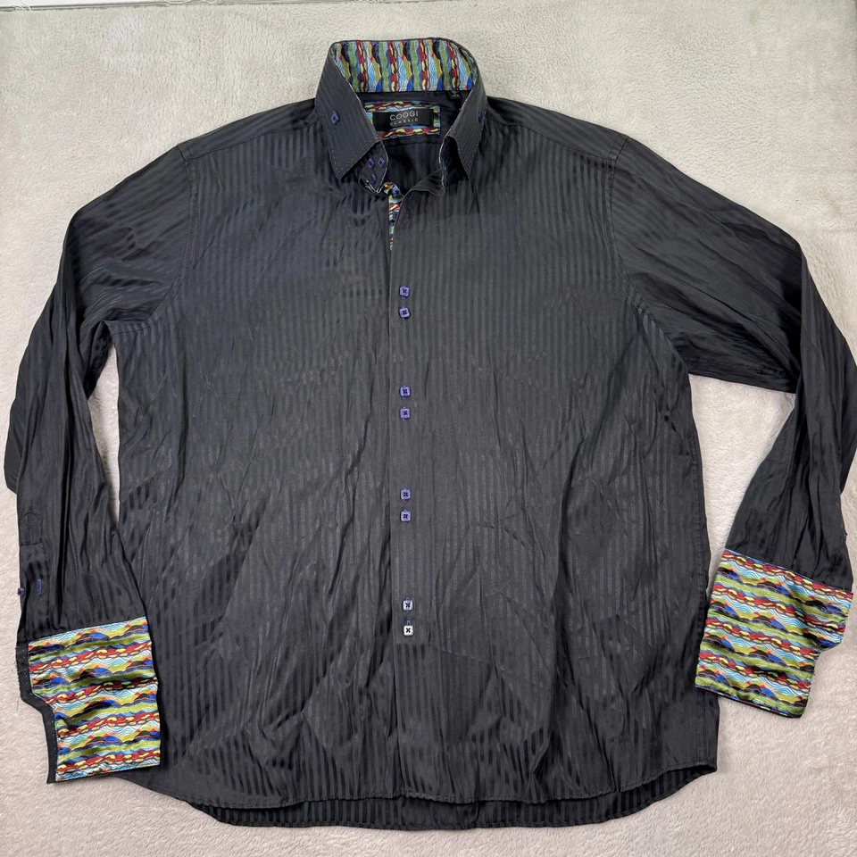 COOGI Classic Button Down Shirt Colorful Trim Long Sleeve Striped Mens 3XL Loud - Image 2 of 4