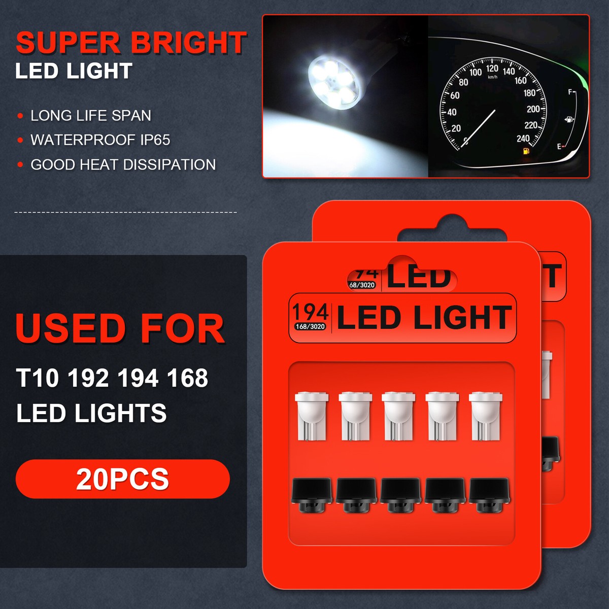 WLJH Amber Yellow T10 194 Dash Light Bulbs with Gauge